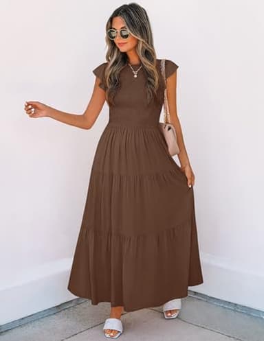ZESICA Women's 2025 Summer Casual Flutter Short Sleeve Crew Neck Smocked Elastic Waist Tiered Midi Dress,Coffee,Medium - Image 5