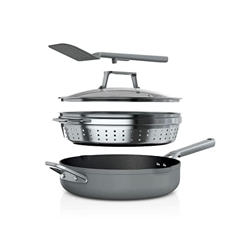Ninja Foodi NeverStick 4 Quart Pan with Lid, Strainer, & Spatula, Oven Safe, Sea Salt Grey - Image 1