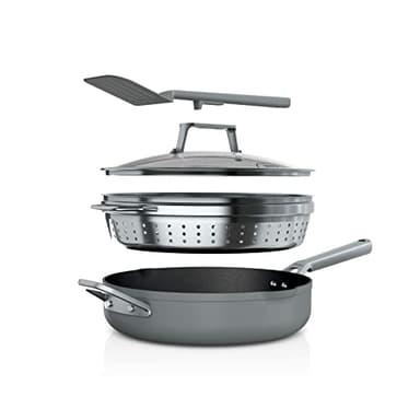 Ninja Foodi NeverStick 4 Quart Pan with Lid, Strainer, & Spatula, Oven Safe, Sea Salt Grey - Image 1
