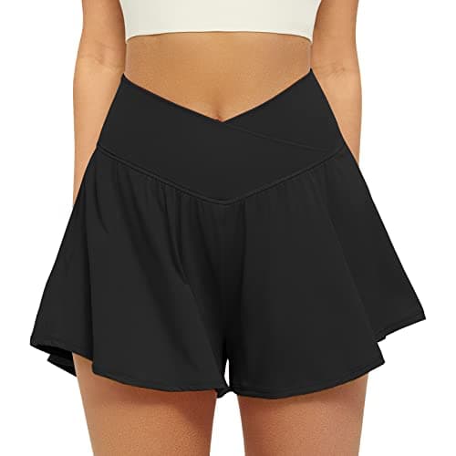 FireSwan Crossover Athletic Shorts for Women 2 in 1 Flowy Running Shorts with Pockets Spandex Butterfly Workout Tennis Skorts Black - Image 1