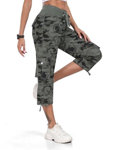MoFiz Womens Capris Summer Cargo Shorts Lightweight Quick Dry Athletic Casual Travel Loose Ladies Outdoor Hiking Pants Pockets Camouflage Green XS - Image 2