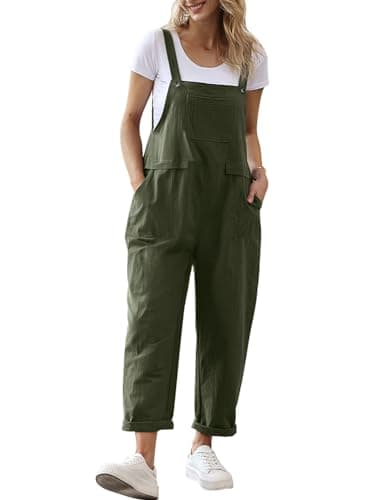 YESNO Women Long Casual Loose Bib Pants Overalls Baggy Rompers Jumpsuits with Pockets (XL PV9 Ash Green) - Image 1