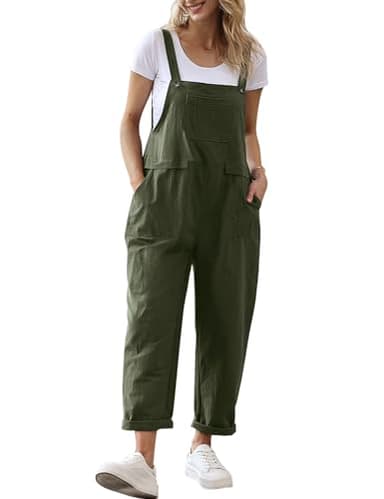 YESNO Women Long Casual Loose Bib Pants Overalls Baggy Rompers Jumpsuits with Pockets (XL PV9 Ash Green) - Image 1