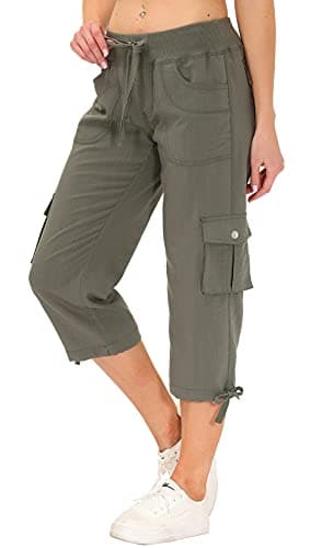 MoFiz Women's Cargo Capris Hiking Pants Lightweight Quick Dry Running Outdoor Casual Shorts Button Pockets UPF 50+ Army Green L - Image 3