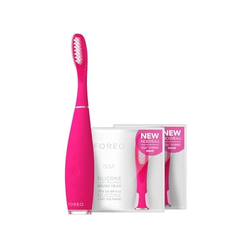 FOREO ISSA 3 Bundle - Ultra-Hygienic 4-in-1 Silicone Sonic Electric Toothbrush + 2 x ISSA Hybrid Wave Brush Head - White Teeth, Clean Gums, Cheeks & Tongue, Soft Toothbrush - Fuchsia - Image 1