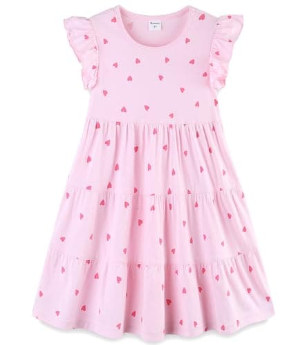 Kids Girl's Dresses Clothes Summer Spring Valentines Day Outfits Cotton Midi Ruffle Tank Sleeveless Sundress Clothing with Pockets Pink Hearts Size 12-13 Years - Image 1