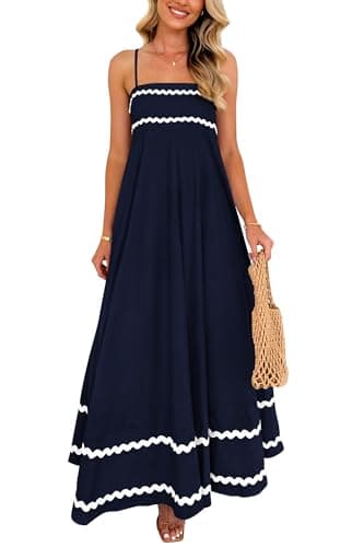 PRETTYGARDEN Women's 2025 Summer Flowy Maxi Dress Casual Sleeveless Spaghetti Strap Ruffle Beach Long Dresses (Dark Blue,X-Large) - Image 1
