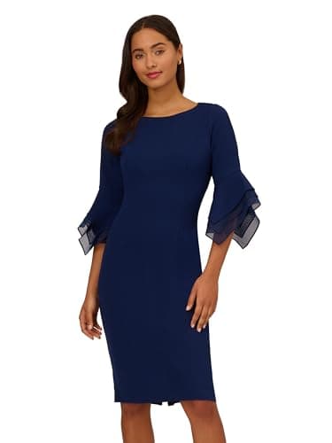 Adrianna Papell Women's Knit Crepe Tiered Sleeve Dress, Navy Sateen, 12 - Image 1