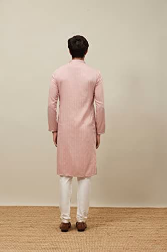 Manyavar Men Kurta Set, Full Sleeves Mandarin Collar Ethnic Kurta Pyjama Set Art Silk All Over Self Design Set 2XL CORAL - Image 2