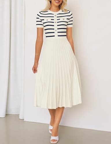 ZESICA Women's 2025 Casual Striped Midi Dress Crewneck Short Sleeve Button Ribbed Knit Swing Pleated A Line Dresses,Beige,Small - Image 9