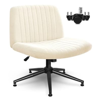 Orange Factory Criss Cross Chair Wheels Wide Cross Legged Office Desk Vanity Dual Base Comfy Fabric Armless Adjustable Swivel for Home Computer Task (Beige) - Image 6