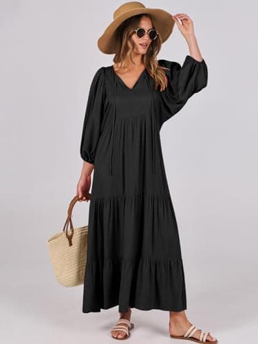 ANRABESS Womens Boho Maxi Dresses 2025 Summer V Neck Puff Sleeve Floral Flowy Swing Fall Casual Long Dress Black Large - Image 2