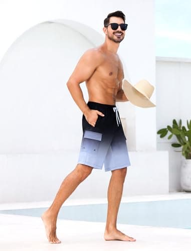 SILKWORLD Mens Swim Trunks 9" Swimming Shorts Quick-Dry Bathing Suits with Compression Liner and Cargo Pockets Gradient Black Grey Large - Image 5