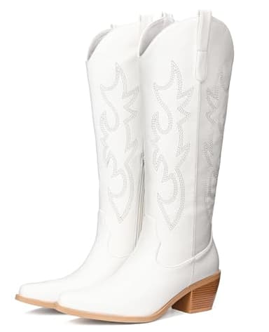 Pasuot Western Cowboy Boots for Women - Knee High Wide Calf Cowgirl Boots with Embroidery, Slip On Pointed Toe Chunky Heel Fashion Retro Classic Pull On Tall Boot for ladies Party concert White US 7 - Image 6