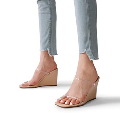 DREAM PAIRS Women's Slides Wedge Sandals Two Strap Square Open Toe Dress Shoes,Size 9,Nude/Clear,SDPW2224W - Image 5