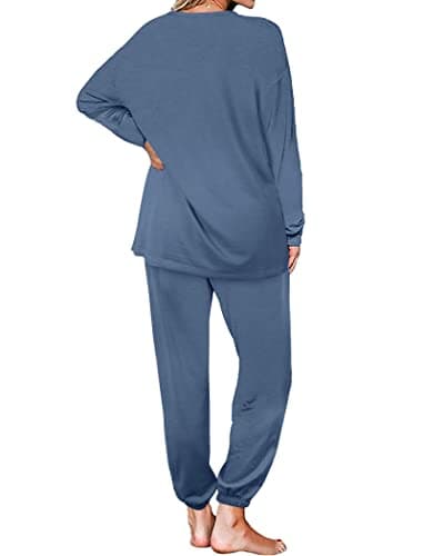 Aloodor Sweatsuits for Women Sets Lightweight Long Sleeve Pajamas Solid Loungewear Blue S - Image 4