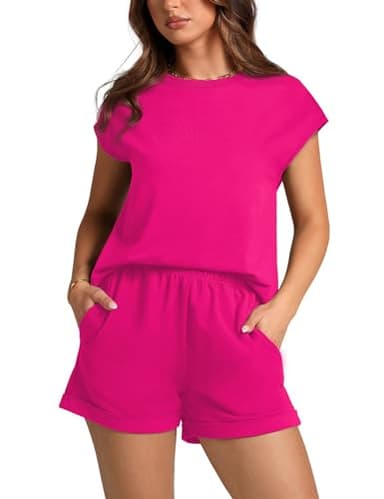 WIHOLL Airport Travel Outfit Women Crewneck Cap Sleeve Tops Elastic Pants Lounge Set Hot Pink L - Image 2