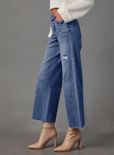Dokotoo Capri Wide Leg Jeans for Women Trendy Womens Pants High Waisted Jeans Pants Women Baggy Straight Petite Barrel 2025 Summer Boyfriend Outfits Fashion Clothing Casual Trousers Denim Blue - Image 3