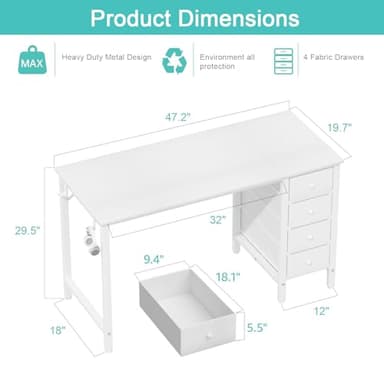 Lufeiya White Computer Desk with Fabric Drawers, 47 Inch Reversible Study Work Writing Desk for Home Office Bedroom, Simple Modern Cute PC Desks with Drawer, White - Image 3
