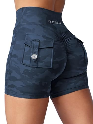 YEOREO Scrunch Workout Shorts with Pockets Charm Gym Biker Shorts for Women High Waisted Booty Yoga Navy Camo - Image 1