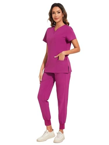 COZYFIT Scrubs for Women Set - Stretch V-Neck Scrub Top & Jogger Pant with 8 Pockets, Yoga Waistband, Anti Wrinkle, Slim Fit Women Scrubs - Azalea Pink, M - Image 3