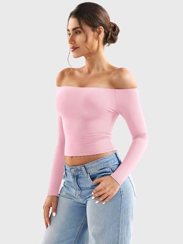 YEOREO Sophie Women Off Shoulder Long Sleeve Shirts Double Lined Basic Undershirt Y2K Going Out Tops Cherry Pink-XL - Image 2