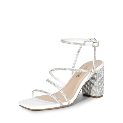 DREAM PAIRS Women's Heels Chunky Block Strappy Square Open Toe Ankle Buckle Heeled Sandals Wedding Party Dress Shoes Indie,Size 9.5,White-Rhinestone,SDHS2428W - Image 1
