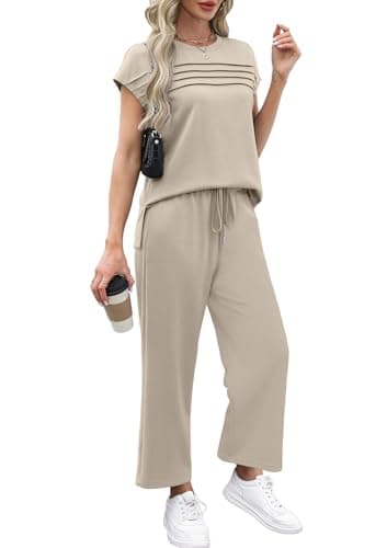 WIHOLL Summer Vacation Outfits for Women 2025 Resort Wear Matching Sets Women Clothing 2 Piece Holiday Beach Travel Airport Outfit Teacher Lounge Sets Athleisure Beige M - Image 4