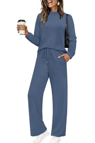 SAMPEEL Womens Fall Fashion 2025 Workout Sets for Women Lounge Sets Two Piece Outfits Casual 2 Piece Sweatsuits Sweatpants Winter Clothing Mock Neck Sweat Set Loungewear Matching Sets Dusty Blue M - Image 1