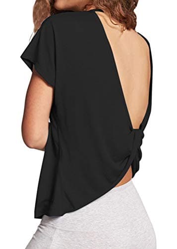 Mippo Workout Shirts Gym Tops Open Back Backless Top Athletic Gym Clothes Short Sleeve Workout Tops for Women Black L - Image 3