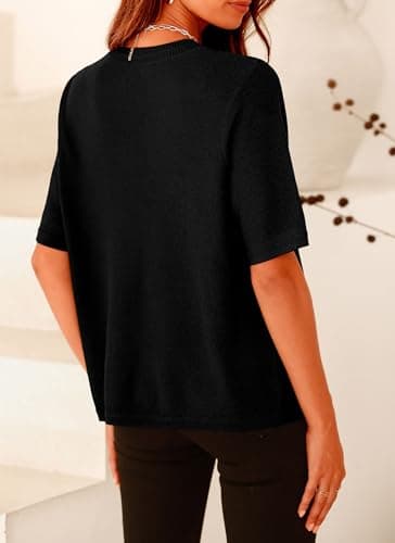 PRETTYGARDEN Women's Summer Button Down Shirts Casual Short Sleeve Crew Neck Ribbed Knit Blouse Top Cardigans (Black,Medium) - Image 2