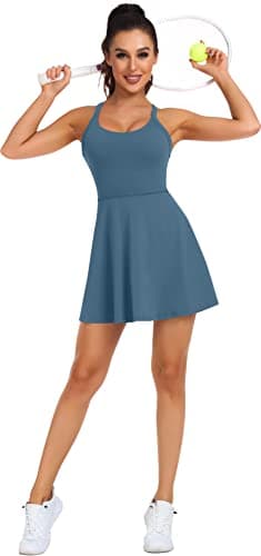 Women Tennis Golf Dress with Built-in Shorts and Bra-Workout Athletic Activewear for Exercise Blue - Image 4