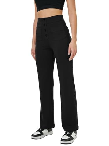 keriffe Women's Straight Leg Pants High Waisted Button Stretchy Business Work Casual Trousers Multiple Pockets Black - Image 2