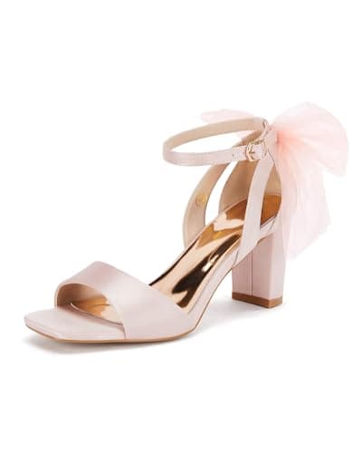 Coutgo Women's Bow Tie Heeled Sandals Chunky Heels One Strap Satin Ankle Buckle Dress Wedding Shoes, Pink, Size 6 - Image 1