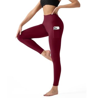 High Waisted Leggings for Women with Pockets - Tummy Control Yoga Pants for Workout Running Athletic No See Through Burgundy - Image 1