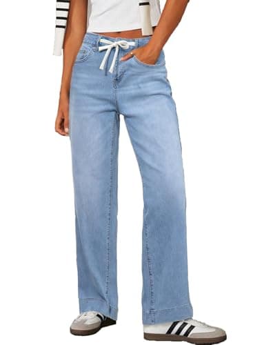 Sidefeel Jeans for Women Western Outfit High Waisted Drawstring Wide Leg Denim Pants Iceland Blue Size 10 - Image 1