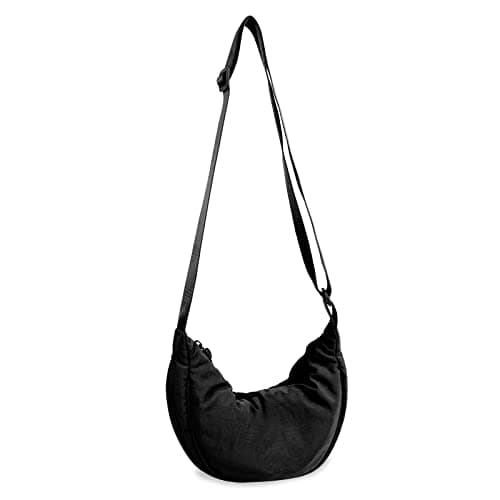 Nylon Crescent Crossbody Bag for Women Purses Trendy Men,Small Travel Sling Bag Hobo,Lightweight Fanny Pack with Zipper Adjustable Strap,Round Soft Shoulder Bag for Everyday Use Work Sport(Black) - Image 1