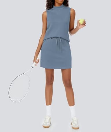 Casly Lamiit Two Piece Skort Set for Women Summer Tennis Outfits Active Wear Workout Track Suit Mock Neck Tops Short Skirt Loungewear Blue Grey L - Image 5