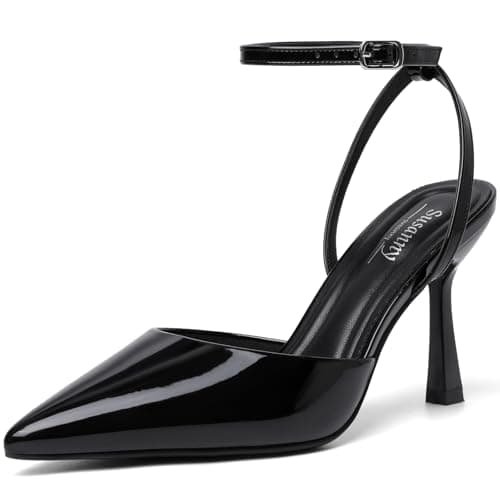 Susanny Black Heels for Women Stiletto Closed Pointed Toe Dress Shoes High Heels Sexy Patent Leather Pumps Wedding Guest Party Evening Prom Dance Ankle Strappy Dressy Shoes 9.5 - Image 1