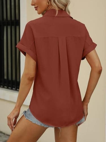 Beautife Womens Short Sleeve Shirts V Neck Collared Button Down Shirt Tops with Pockets (Medium, Brick red) - Image 5