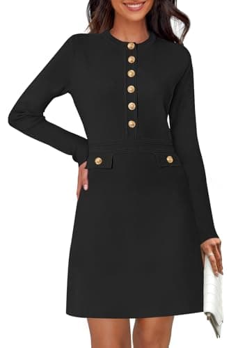MEROKEETY Women's Fall 2025 Long Sleeve Bodycon Sweater Dress Button Crew Neck Winter Formal Mini Dresses, Black, Large - Image 1