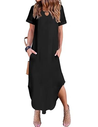Zeagoo Long Dresses for Women Casual Summer Maxi Dress Short Sleeve Long Dress with Pockets Curve Hem Long Dress Crew Neck Black - Image 2