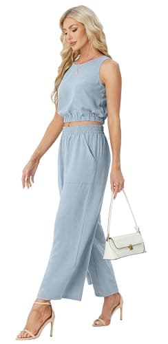 GRECERELLE 2 Piece Sets for Women Summer Sleeveless Crop Top Wide Leg Pants Resort Wear for Women 2025 Haze blue-M - Image 3