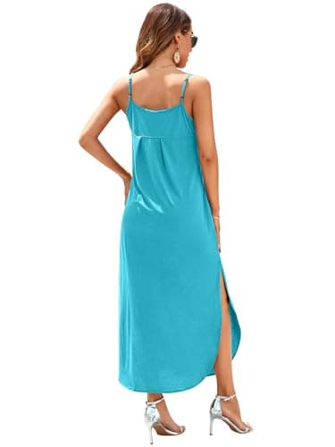 HUSKARY Spaghetti Strap Maxi Dresses for Women 2025 Summer Beach Cover Up Casual V Neck Sleeveless Long Cami Dress with Pockets and Split - Image 5