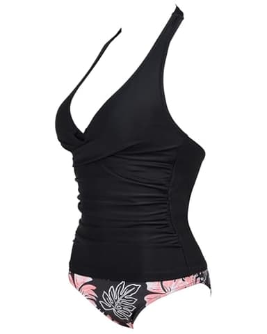 SUUKSESS Women Sexy Halter Tankini Bathing Suits Slimming Tummy Control High Waisted Swimsuits 2 Piece (Vintage Floral Black, L) - Image 6