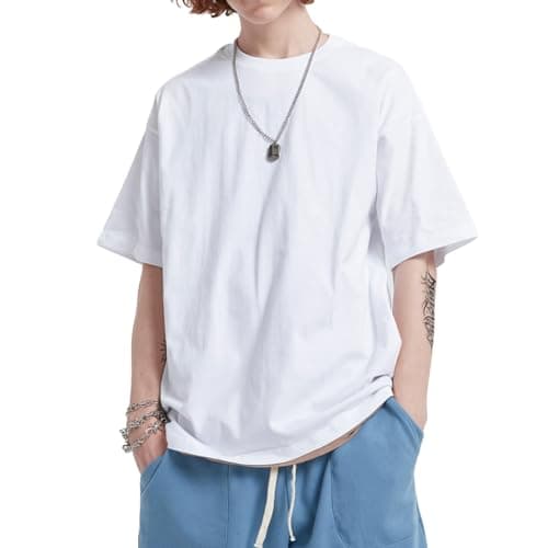 Mens Oversized T-Shirts Fashion Loose Fit Crewneck Tshirt Streetwear Heavyweight Short Sleeve Tee Shirt Gym Workout Tops(White,l) - Image 1