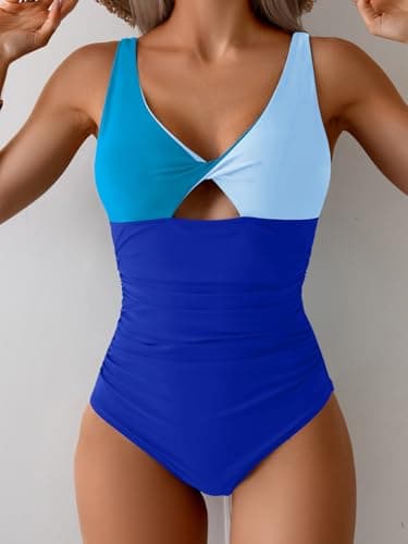 B2prity One Piece Swimsuit for Women Tummy Control Ruched Bathing Suit V Neck Cutout Swimwear - Image 5
