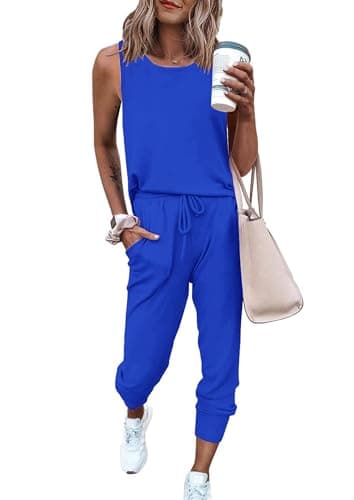 PRETTYGARDEN Women's Two Piece Outfit Sets Casual Summer Sleeveless Crewneck Tops and Sweatpants Active Tracksuit Lounge Wear (Blue,Small) - Image 1