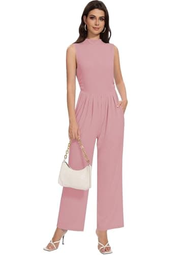 LOZ Womens Casual Summer Jumpsuits Dressy One Piece Outfits Mock Neck Sleeveless Wide Leg Pants Rompers with Pockets Pink - Image 1