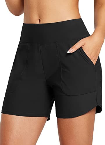 baleaf Women's Swim Shorts Tummy Control Modest Swimsuits Bathing Suit Bottoms 5" Board Shorts Beach Trunks with Pockets Black L - Image 1